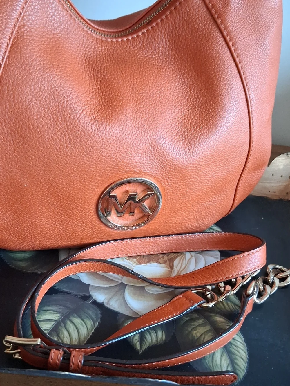 Michael Kors Orange Pebbled Leather Convertible Hobo Bag